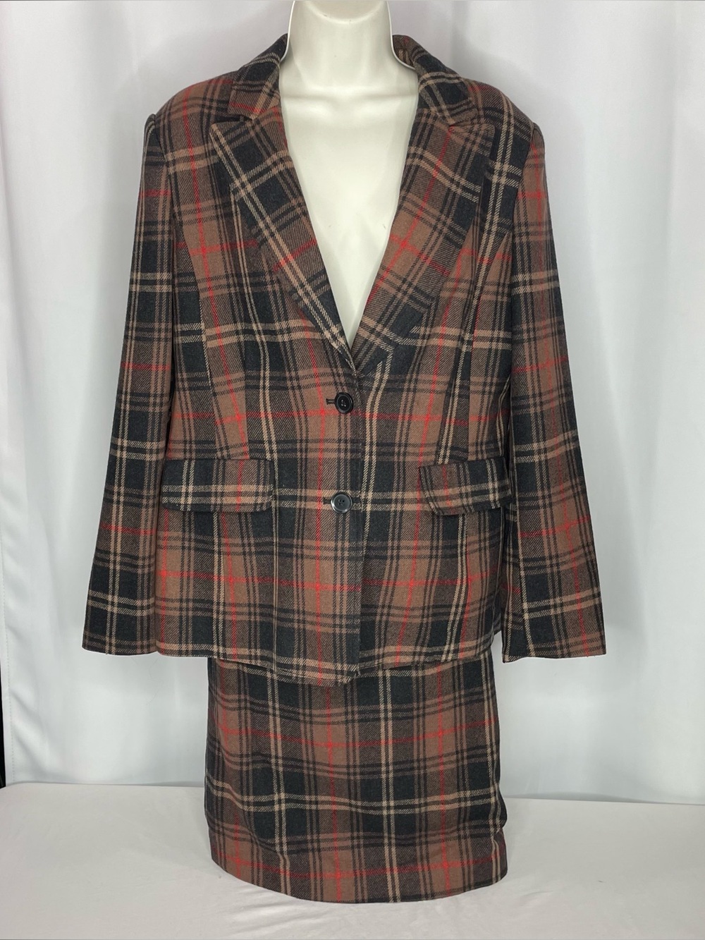 Chadwicks of Boston Plaid Wool Blazer Pencil Skirt Suit Set Size 14